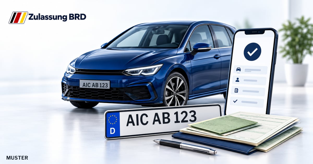 Online Fahrzeugzulassung in Friedberg: Musterkennzeichen AIC AB 123, Auto und Fahrzeugpapiere und Smartphone. Illustration mit Logo von Zulassung BRD.
